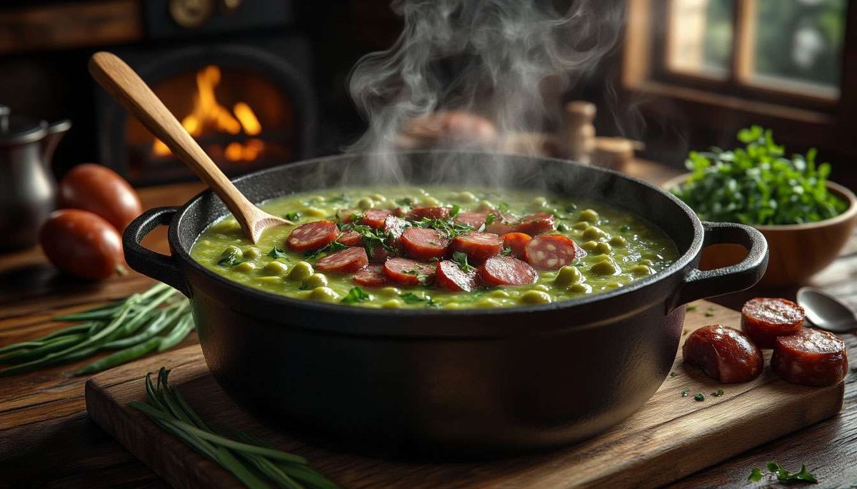Thursday tradition—thick Ertesuppe and smoky sausage stew the chill out of Norway’s longest nights.
