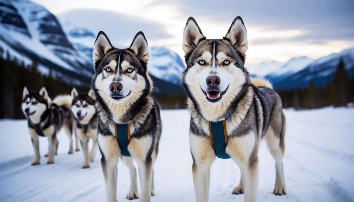 Husky dogs stand on a snowy trail with Norwegian mountains behind.