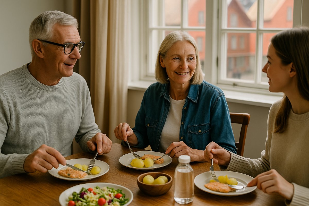 A family in Norway enjoys salmon and potatoes at a wooden table in a cozy home setting.