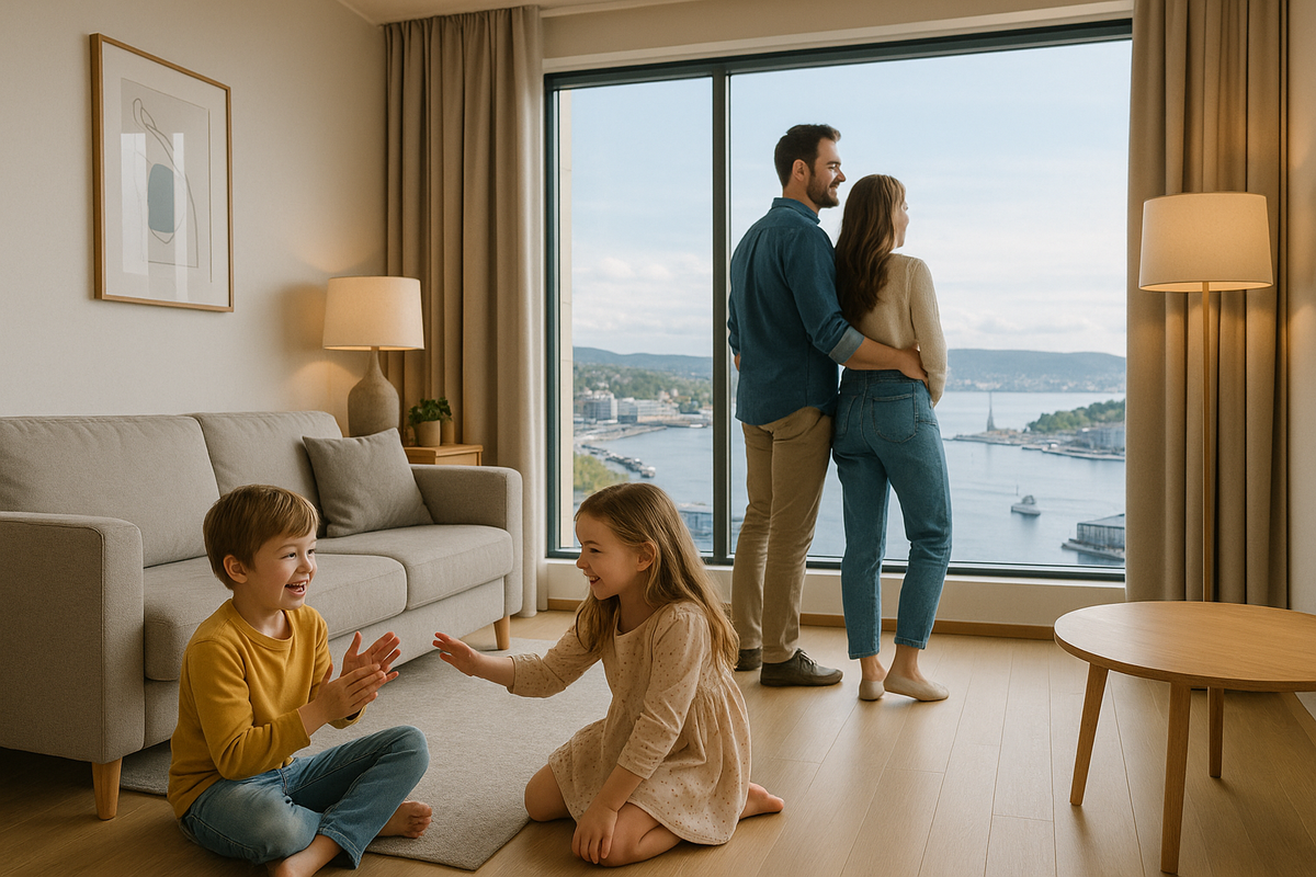 Family hotel suite in Oslo with a fjord view and modern Scandinavian interior.