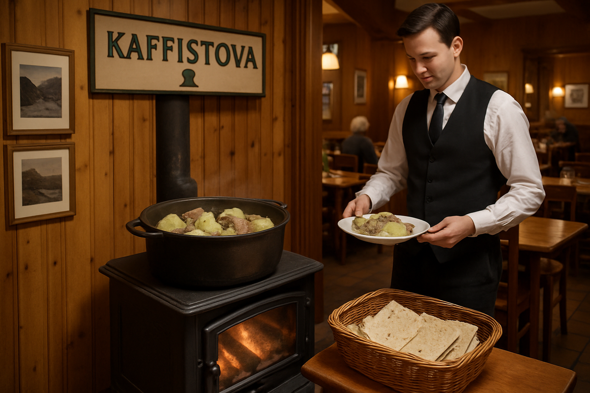 Ambient Oslo café scene: waiter sets sizzling fårikål pot on tabletop burner, flatbrød basket nearby; inviting nordic vibe.