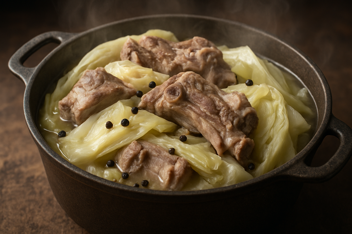 Rustic cast-iron pot filled with alternating lamb and cabbage, peppercorns on top; soft steam rising in warm kitchen light.
