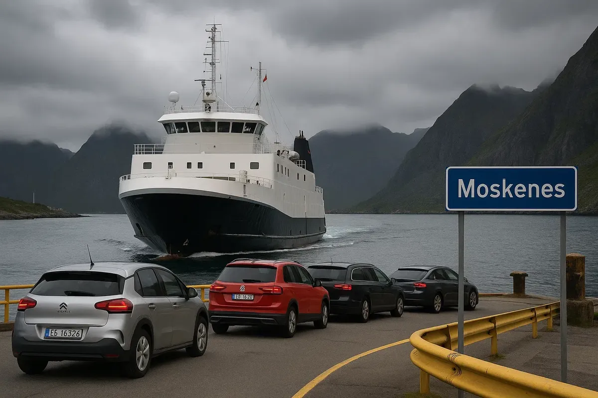 Паром прибывает в порт Moskenes, машины готовятся к посадке