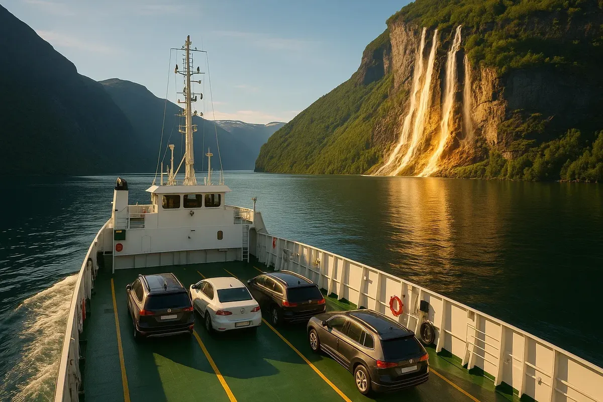 Паром с машинами в Гейрангерфьорде, утренний свет на водопаде «Семь сестёр»