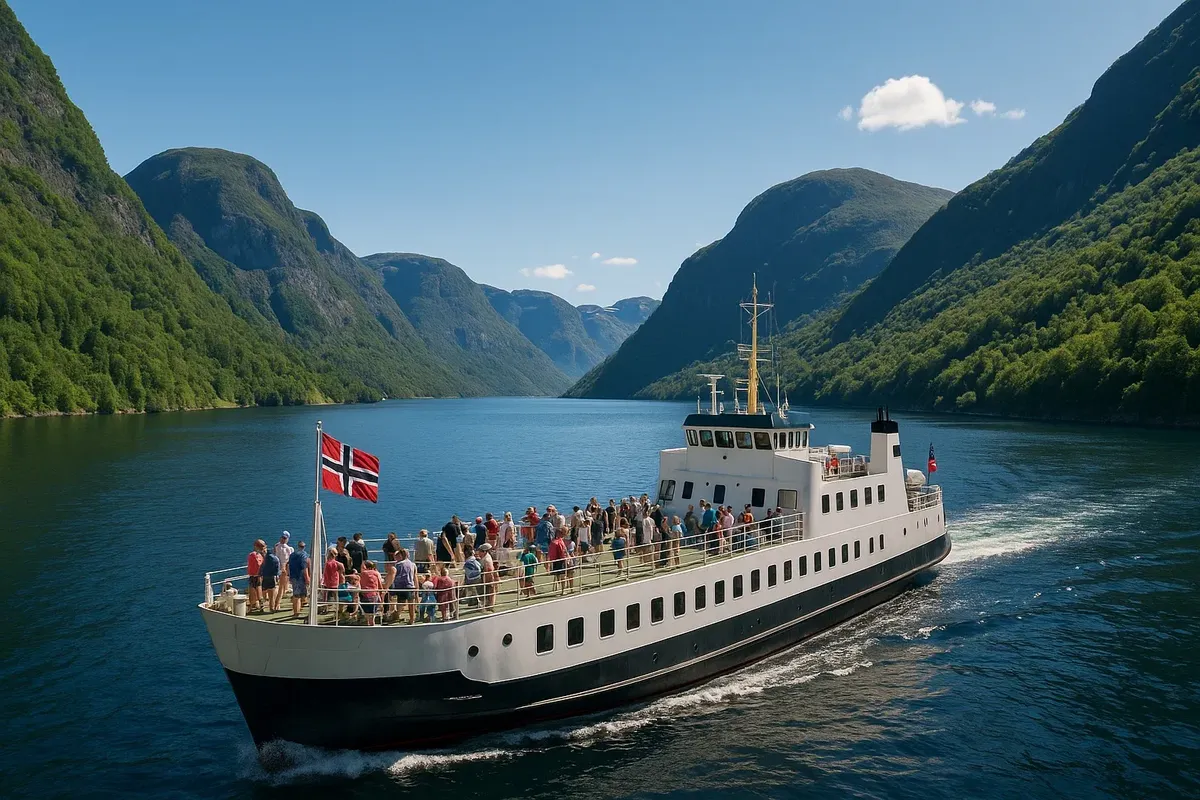 Летний паром Fjord1 в фьорде, палуба с туристами под полуночным солнцем