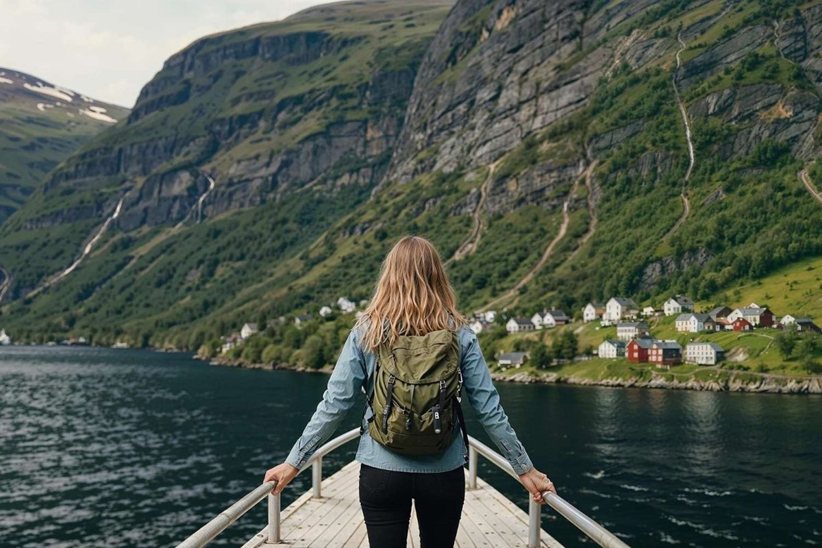 A woman stands at the front of a ferry overlooking a coastal Norwegian village.