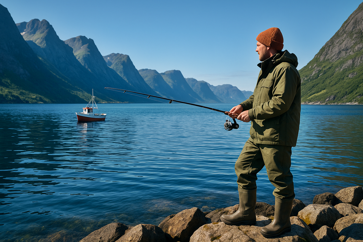 A man is fishing with a spinning rod by the fjord on a clear day.