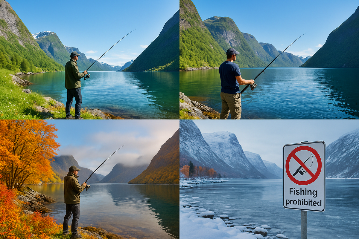 Fishermen are fishing in different seasons, including a no fishing sign.