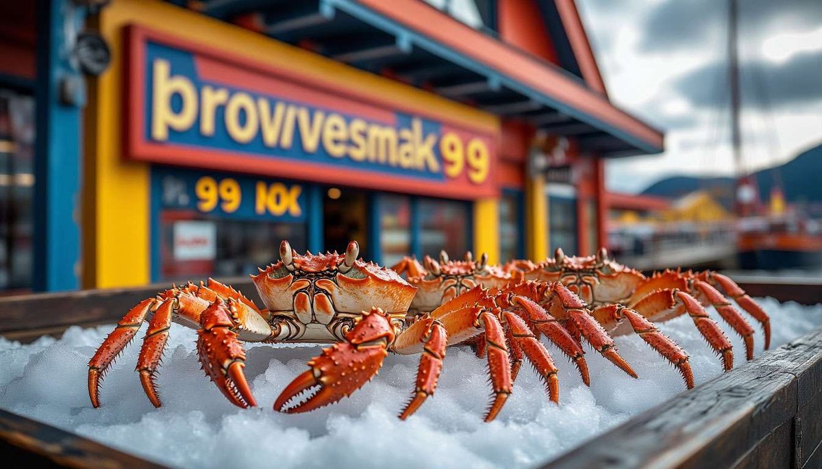 Morning at Bergen’s fish market—ice-chilled king crab tempts under historic Bryggen façades.