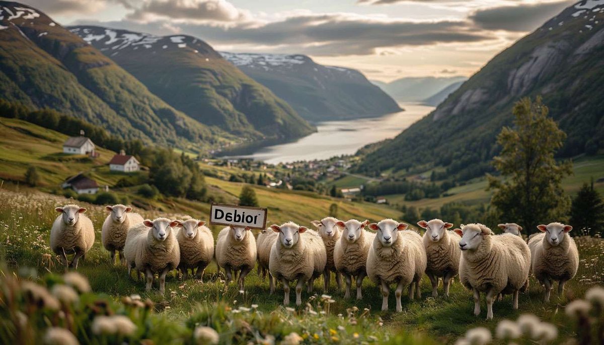 Summer alpine pasture: certified Norwegian lamb graze over shimmering fjord, showcasing sustainable fjellbeit farming.