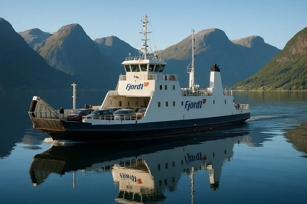 Паром Fjord1 с машинами и людьми, спокойные воды и отражение гор.