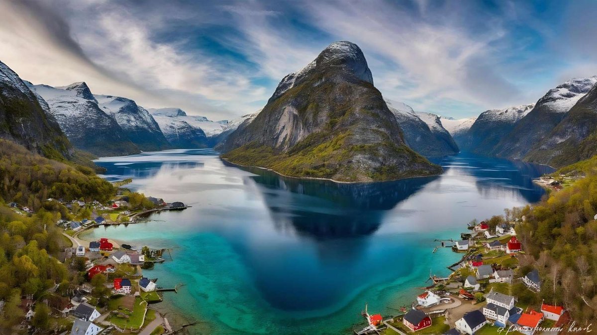 Aerial view of a fjord, mountains, and villages along the shore.
