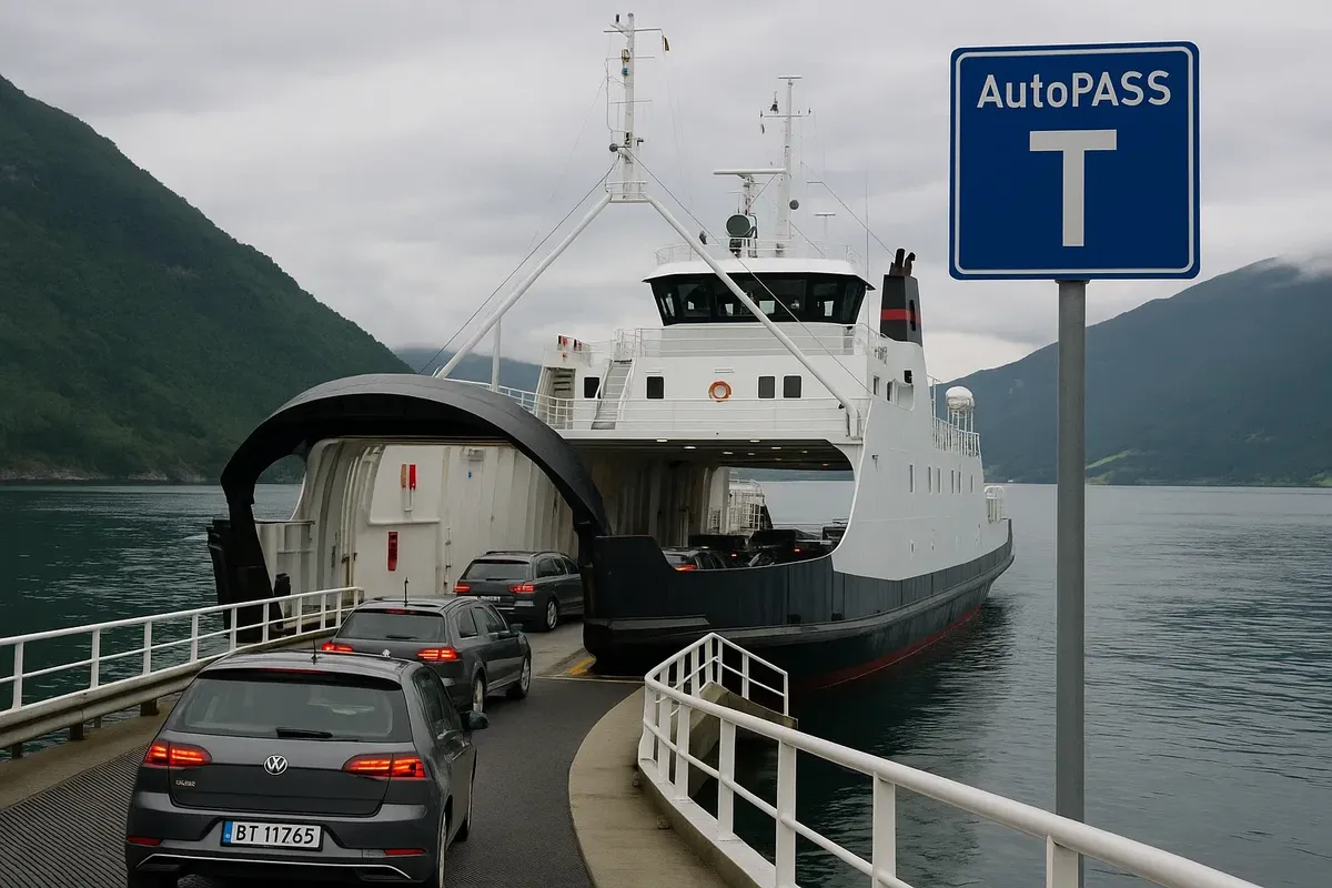 Паром Fjord1, шлагбаум с AutoPASS-знаком «T», машины заезжают на палубу