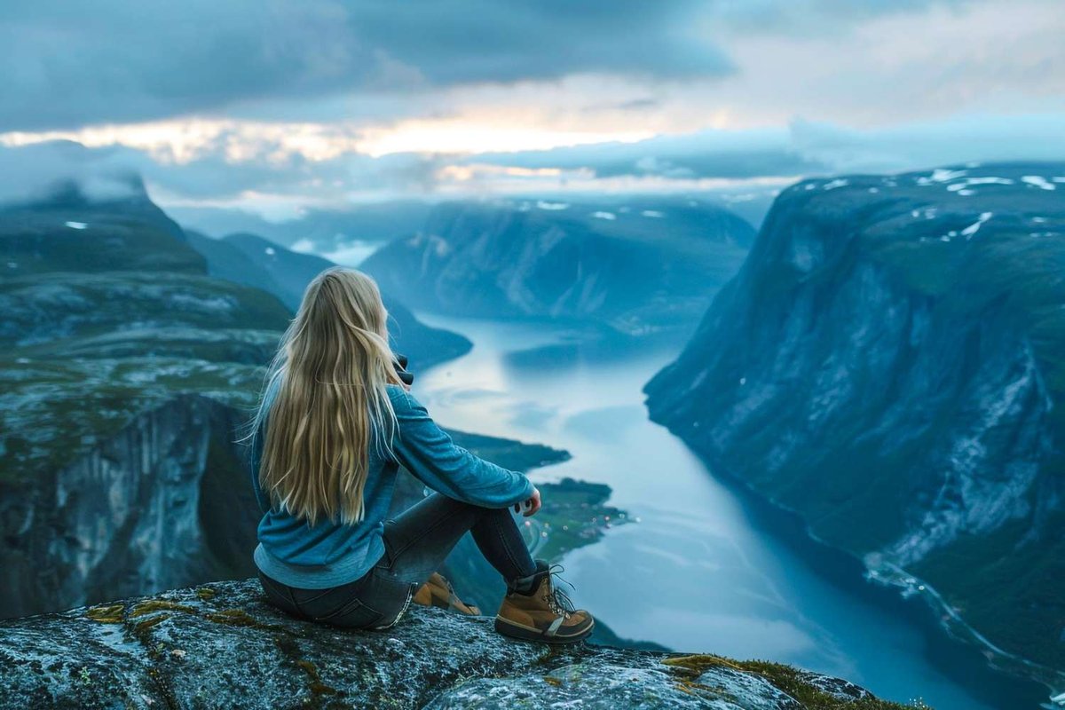 A woman sits on a cliff overlooking the fjord and mountains.