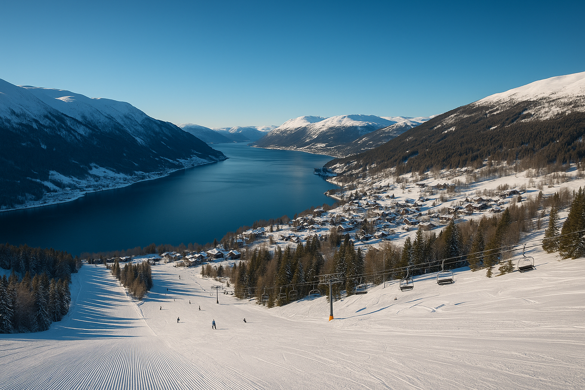 A fjordside ski resort in Norway with skiers on the slope and a village below.