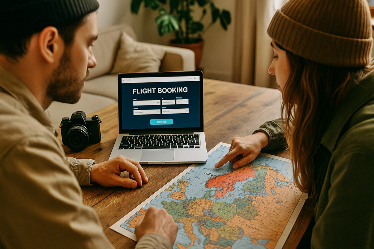 Two people are planning a route and booking flights online.
