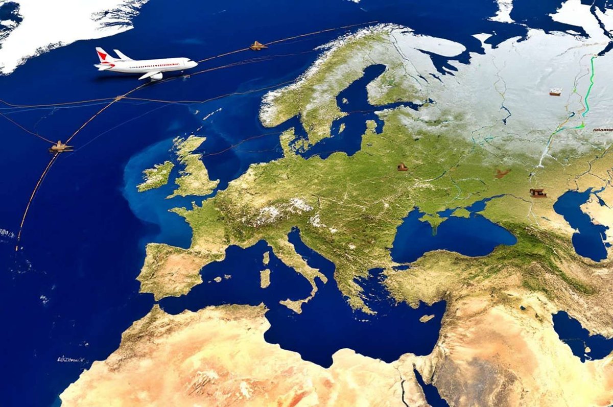 Illustration of flight routes over Europe.