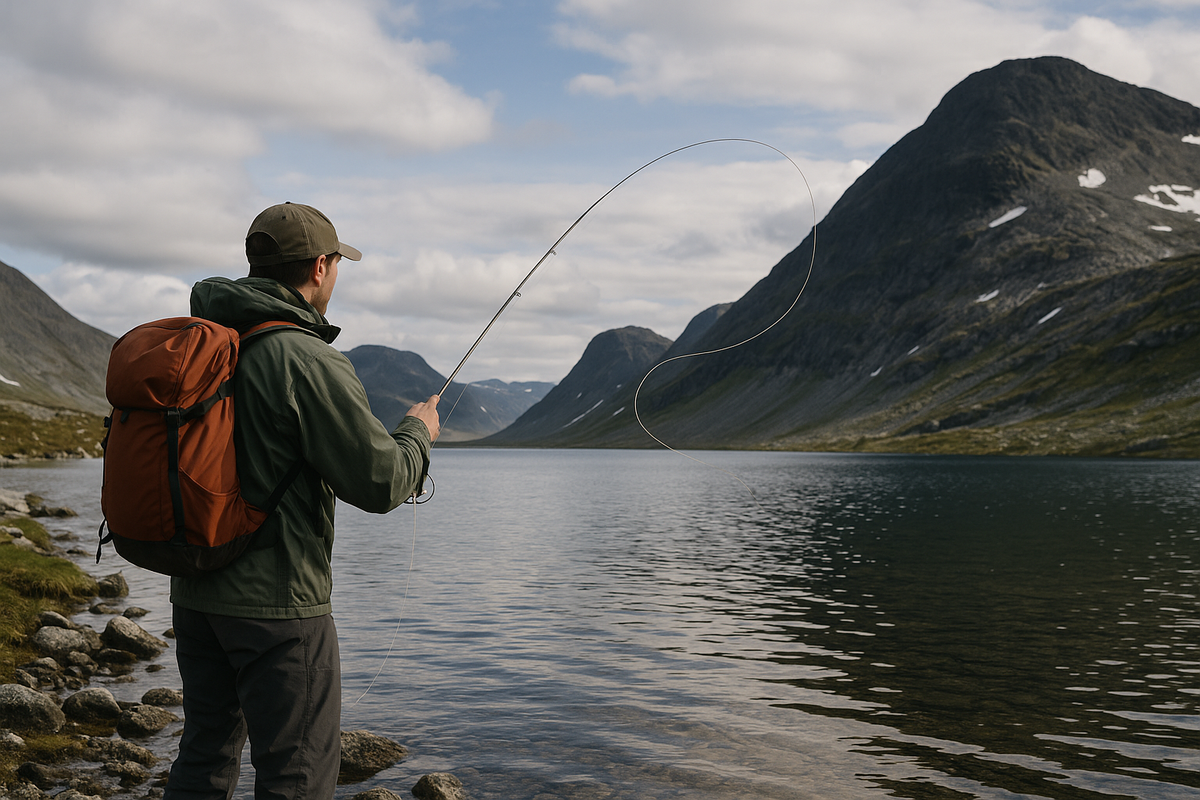 A fly fisherman casts for Arctic char at a high-altitude lake in Norway, surrounded by rugged peaks.