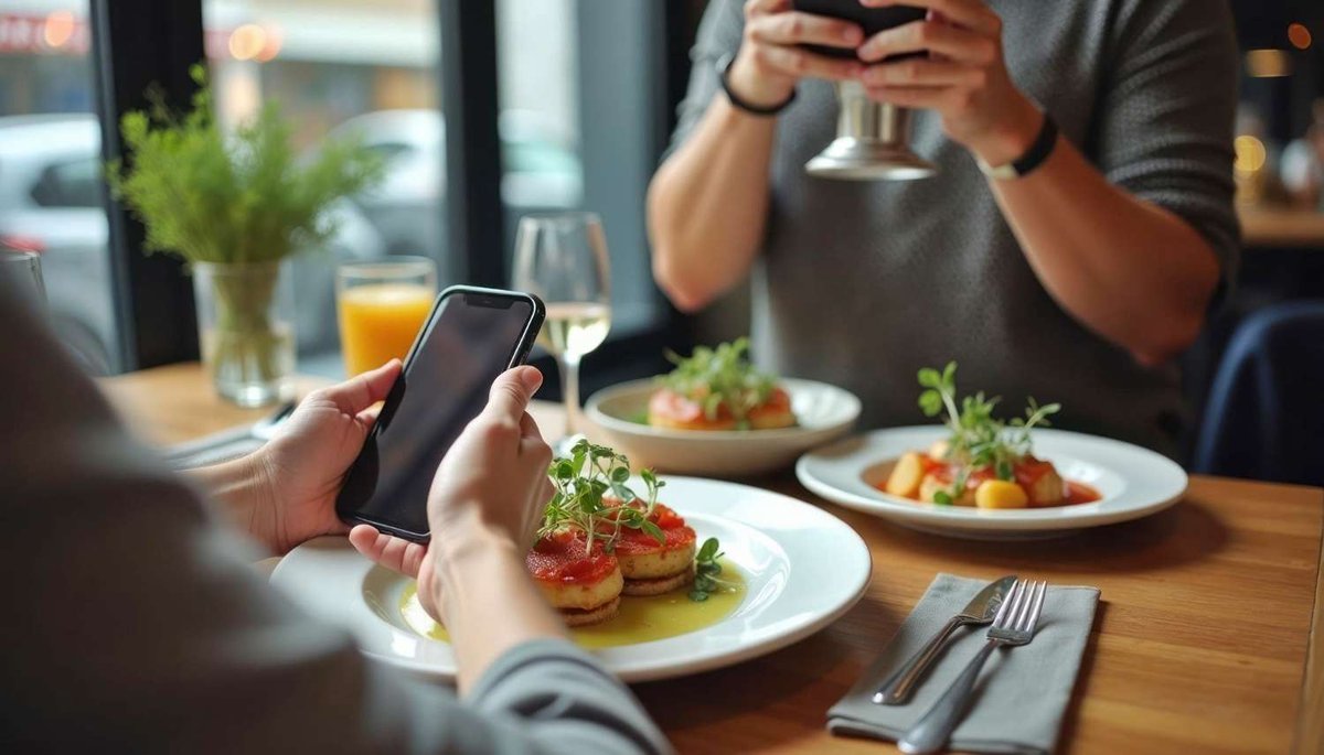 A diner takes a photo of their meal in a restaurant before eating.