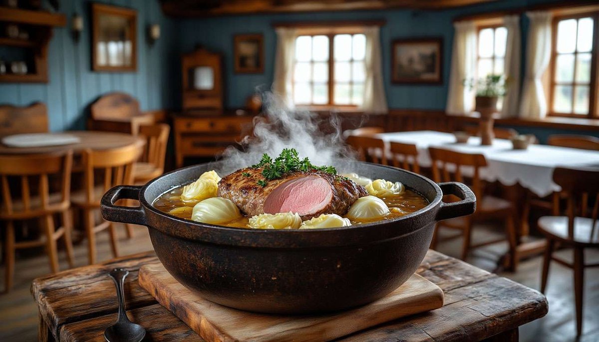 Authentic fårikål stew—aroma of autumn lamb and sweet cabbage.