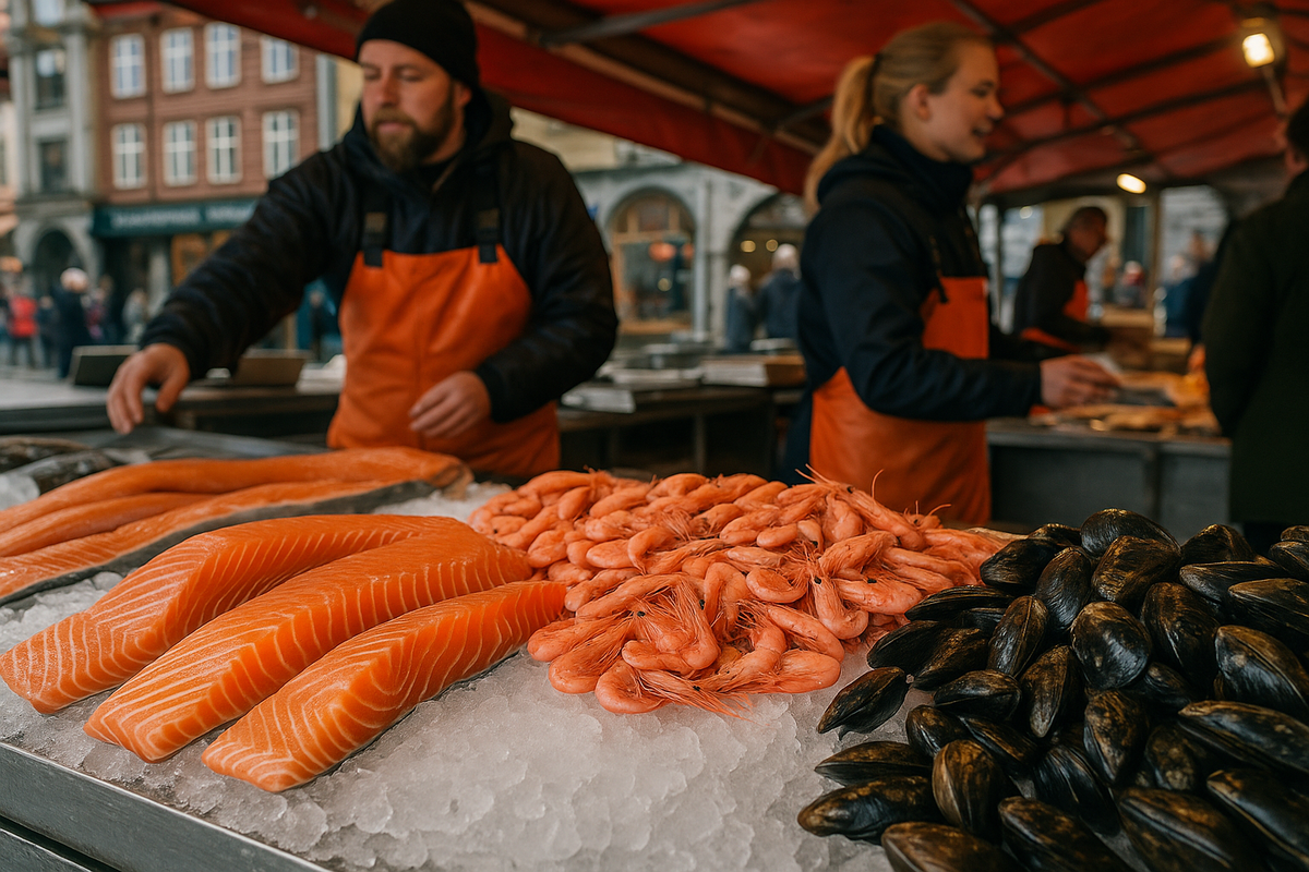 Salmon, shrimp and mussels on ice at Bergen Fish Market.
