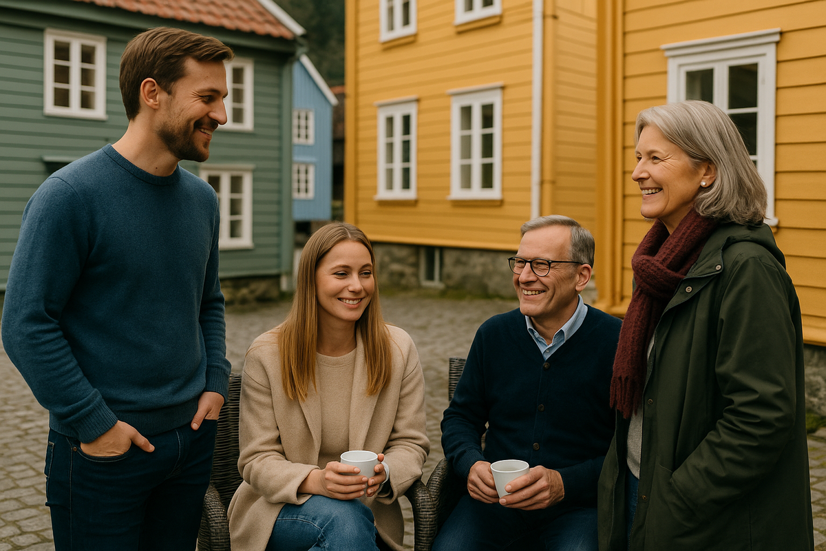 A group of people chatting in a cozy Norwegian village with colorful wooden houses in the background.