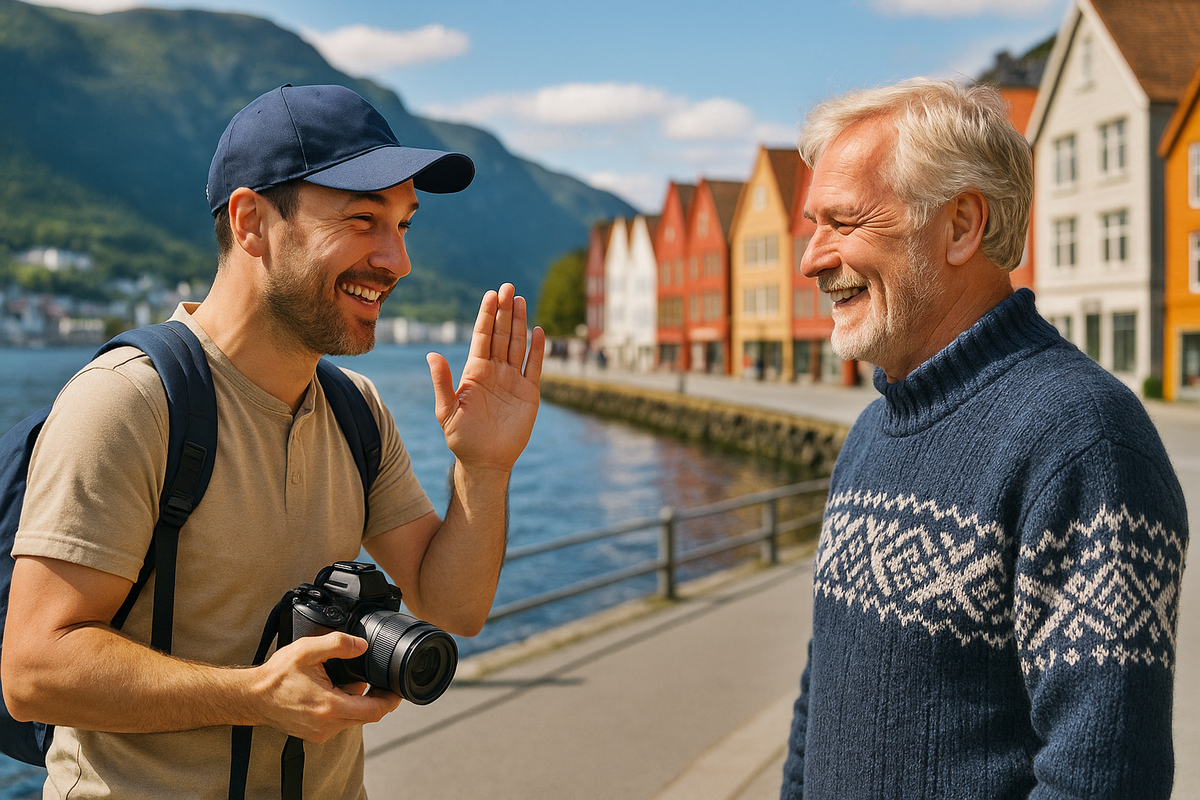 Tourist with a camera chatting and laughing with a local resident on the waterfront.