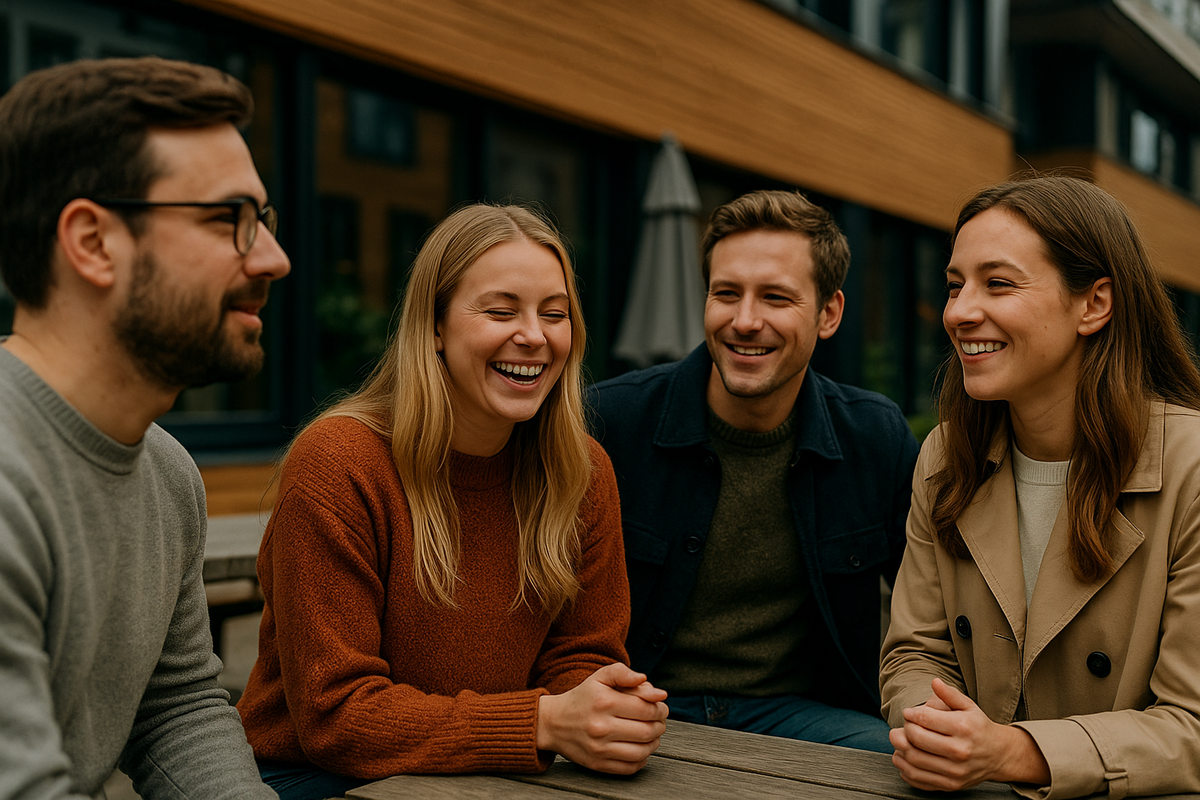 Four friends laughing and chatting at an outdoor table near a modern building with wooden paneling.