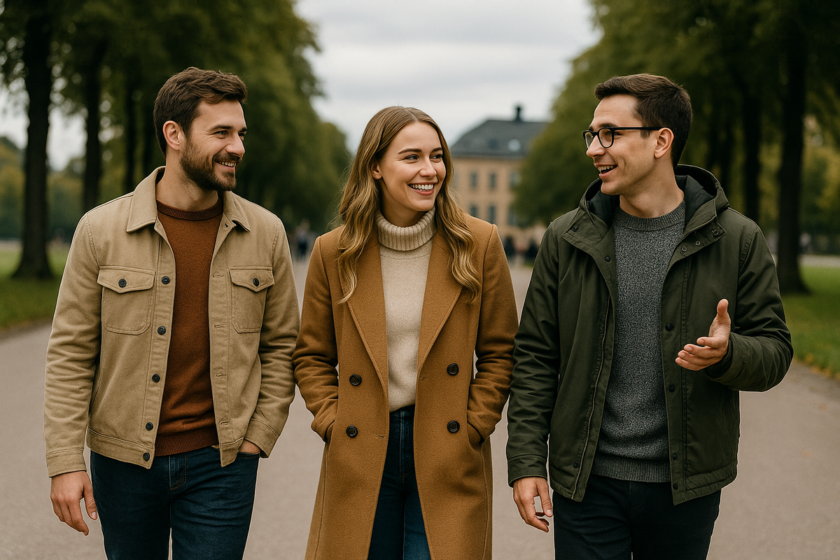 Three friends walking along a path in a Norwegian park, chatting and enjoying the scenery.