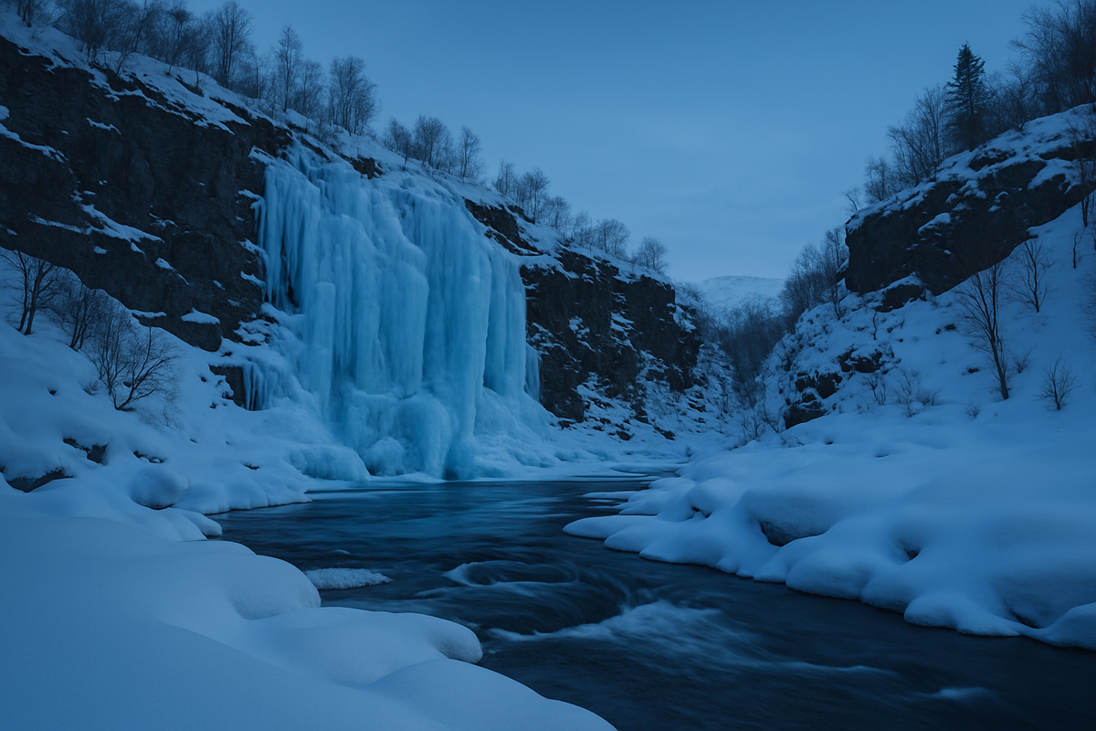 A frozen waterfall in Hardangervidda glows in the soft blue hour light — a magical moment for winter photography.