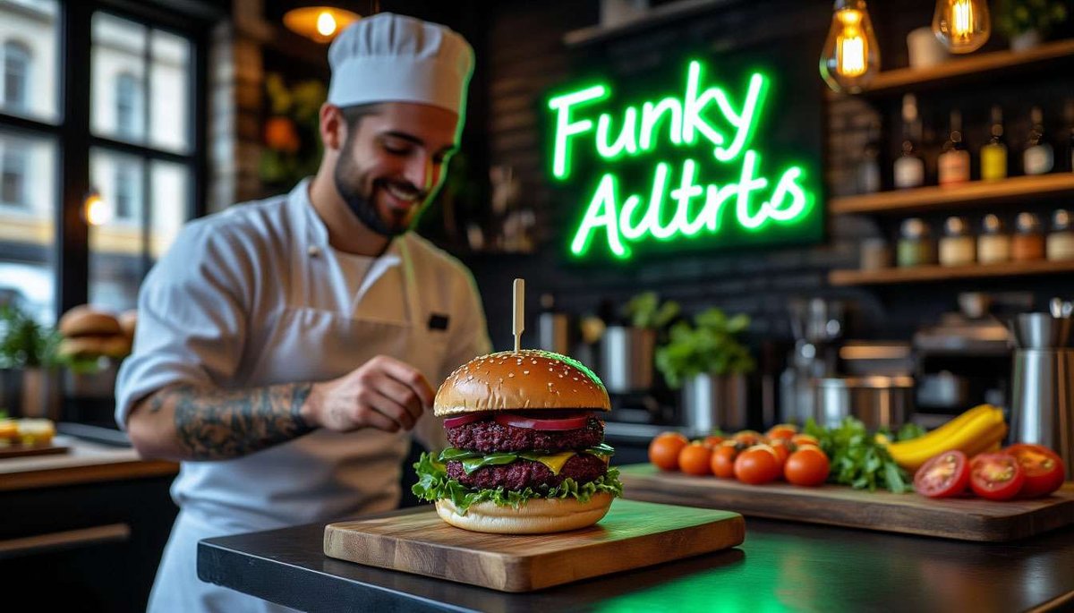 Oslo’s Funky Fresh Foods plates its iconic beet burger—proof plant power fuels the fjords.