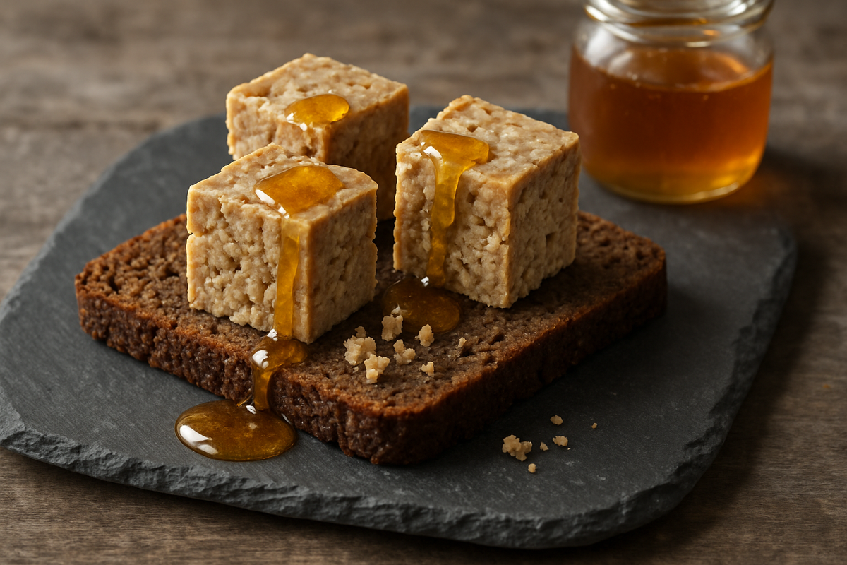Bold Norwegian gammelost cubes atop dense rye bread, finished with heather honey; artisanal tasting board setting.