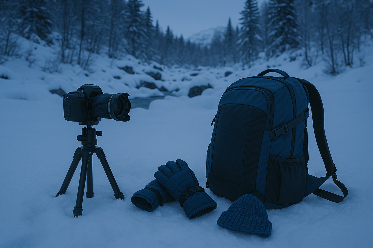 A camera on tripod, gloves and backpack rest on snow — all set for a winter shoot in Norway’s early morning light