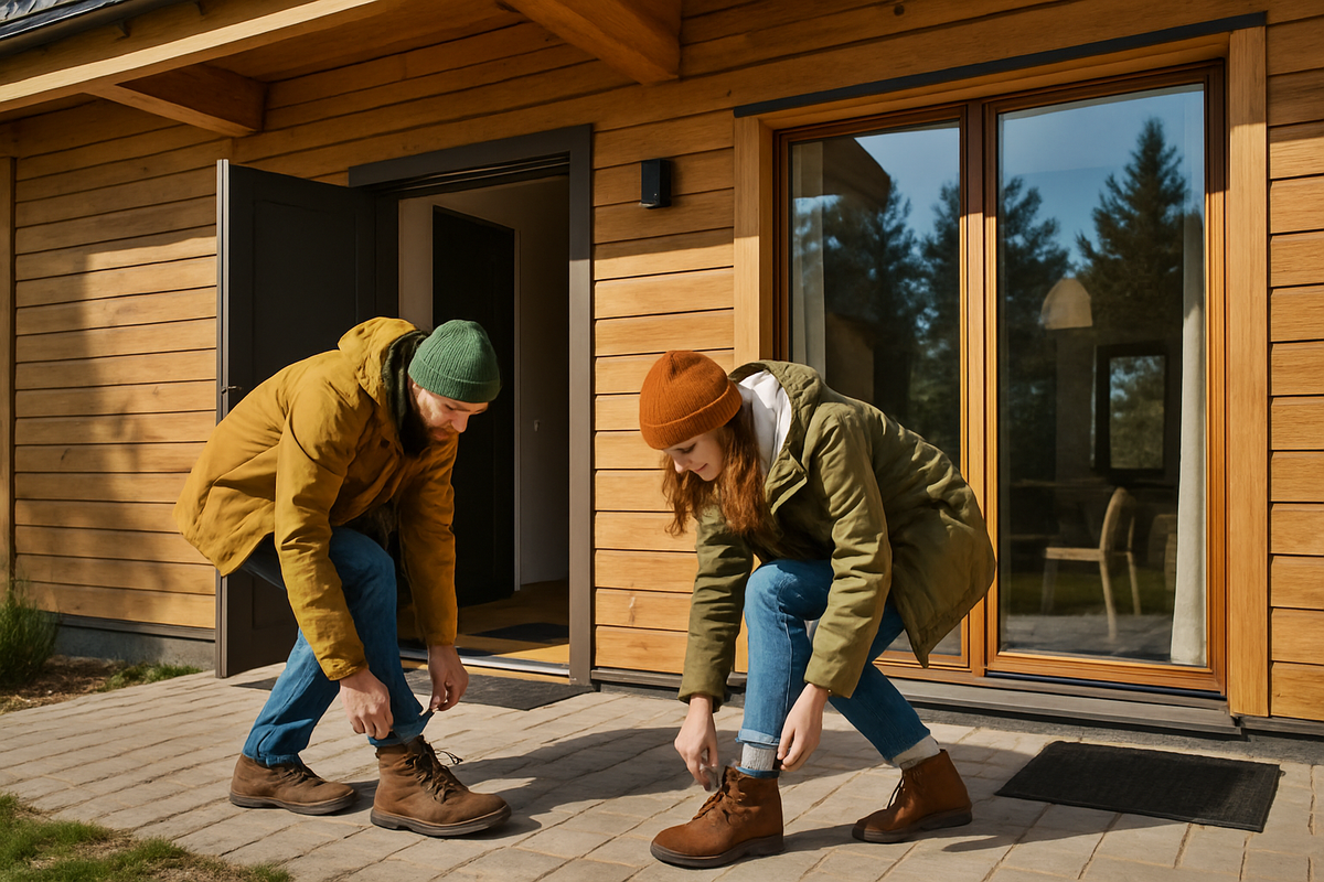 A man and a woman lace up their boots before leaving the house.
