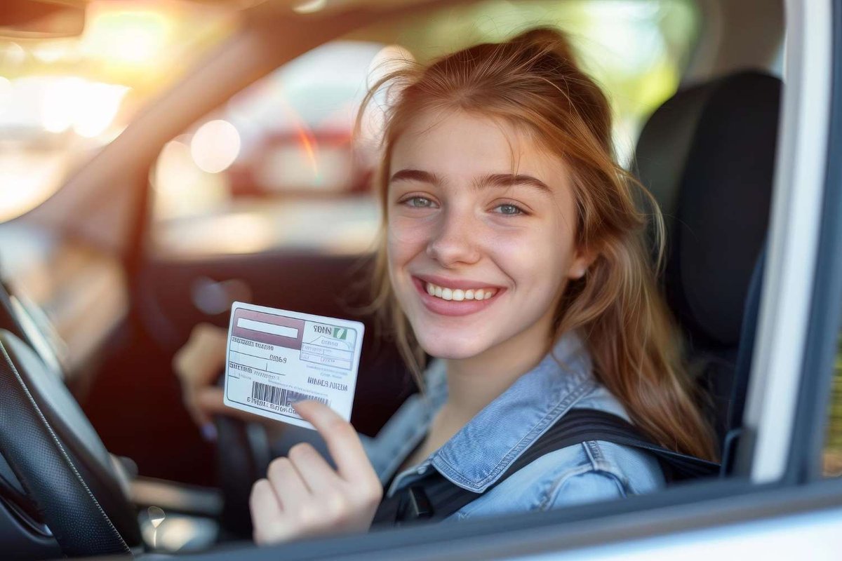 A young woman sits in the driver’s seat showing her driver’s license.