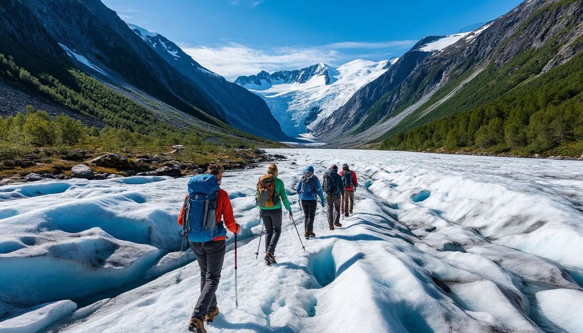 A group of hikers in crampons walks across the Jostedalsbreen glacier.