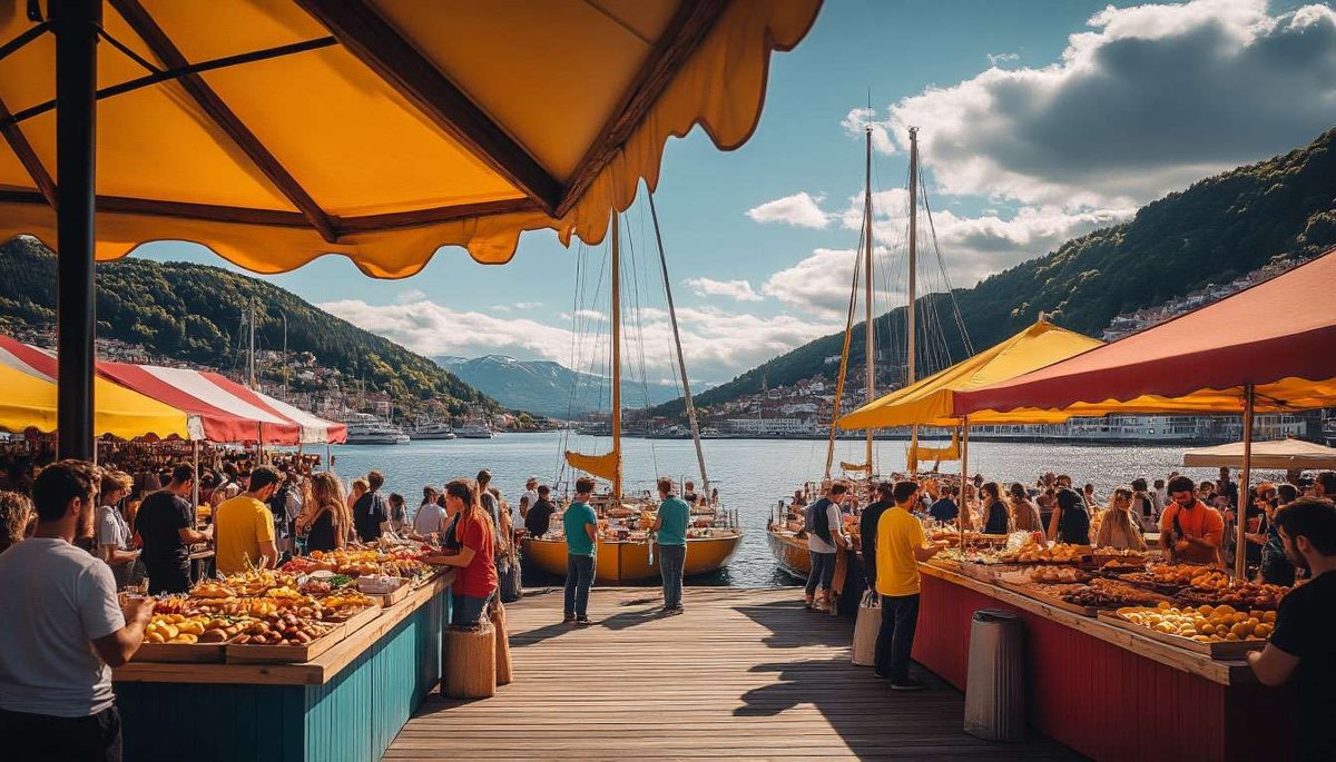 Stavanger’s Gladmat buzz—hundreds sample Norway’s bites beside sparkling fjord and fluttering sails.