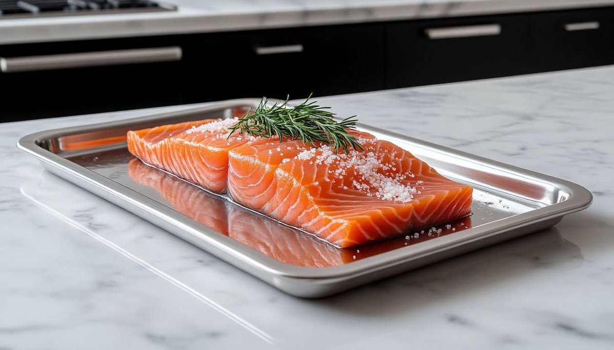 Close-up of traditional Norwegian gravlaks preparation: fresh salmon coated in curing mix and pressed under small weights.