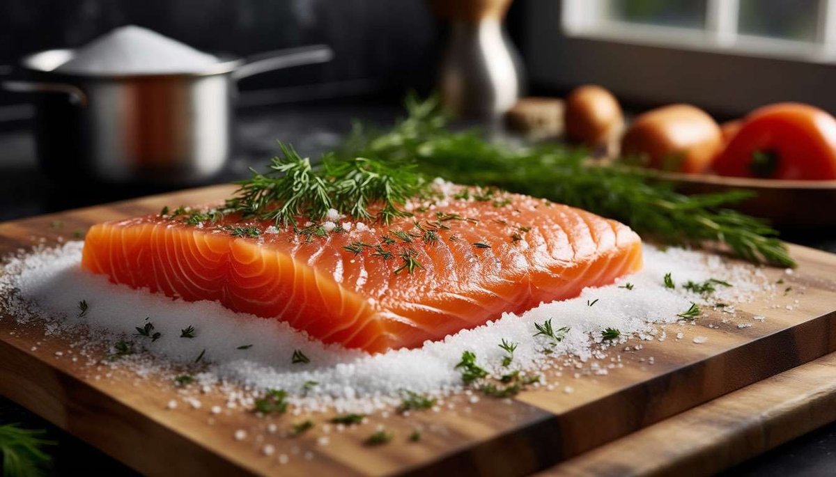 Making gravlax: classic salt-sugar-dill cure captured mid-process.