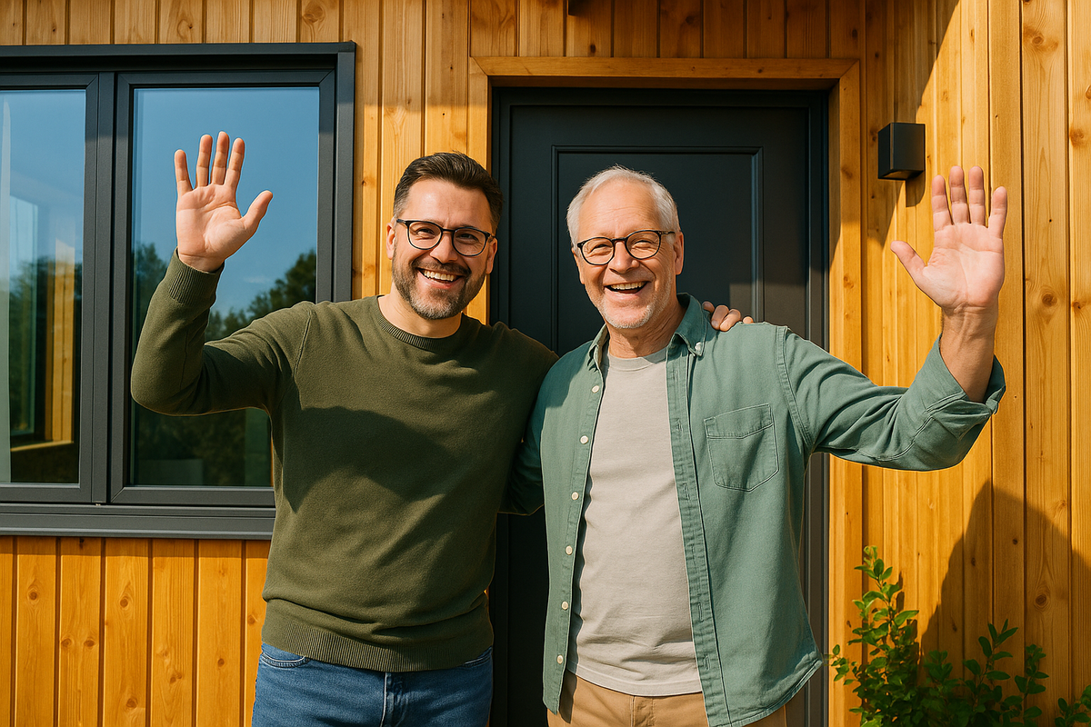 Two men stand at the entrance of a house and wave cheerfully at the camera.