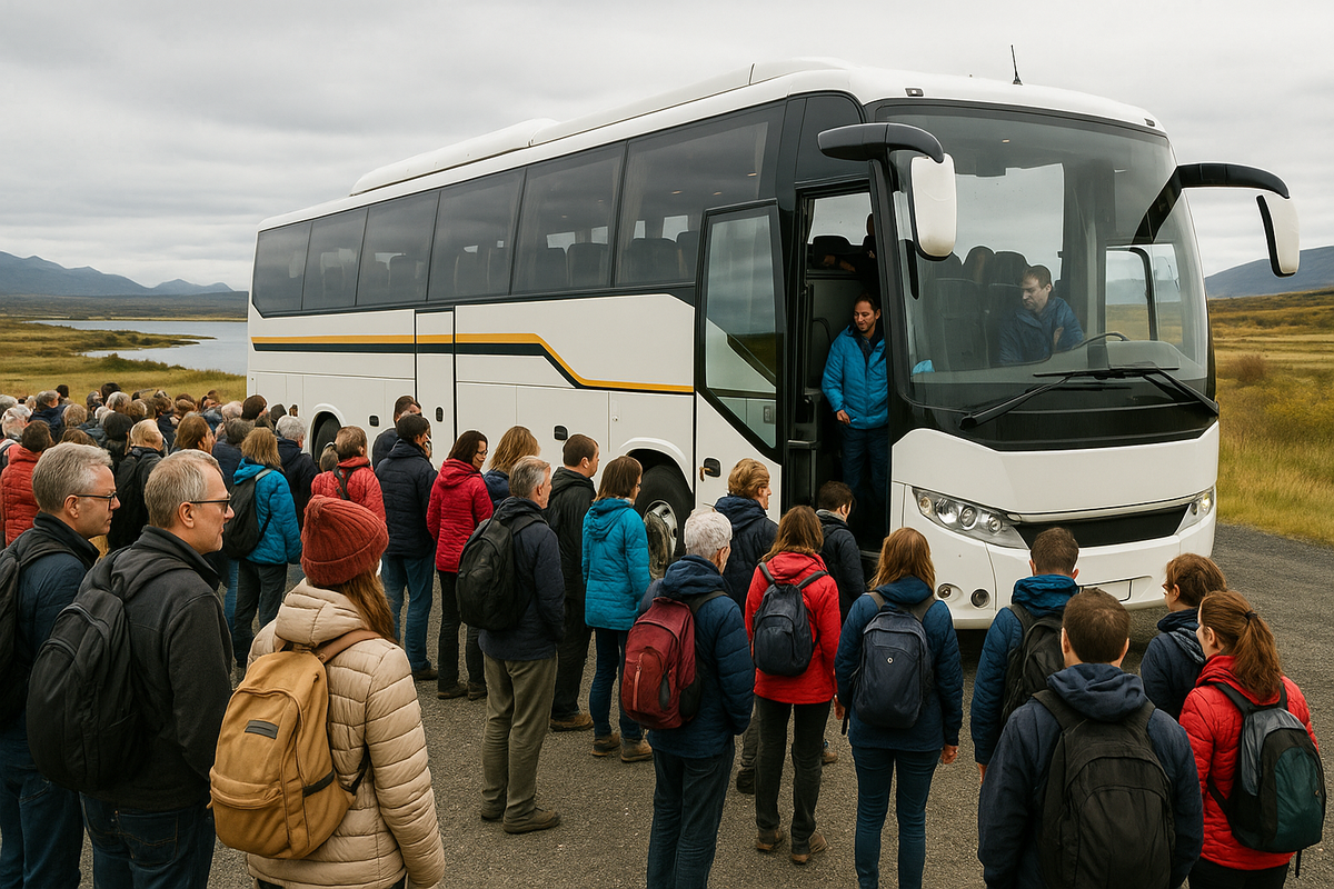 Travelers board a coach in Arctic scenery—spotlighting group tours and shared costs.