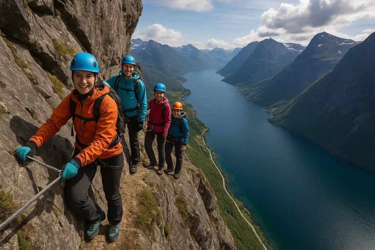 Adventurers climbing steep rock face on Romsdalsstigen near Åndalsnes, overlooking Romsdalsfjord and peaks