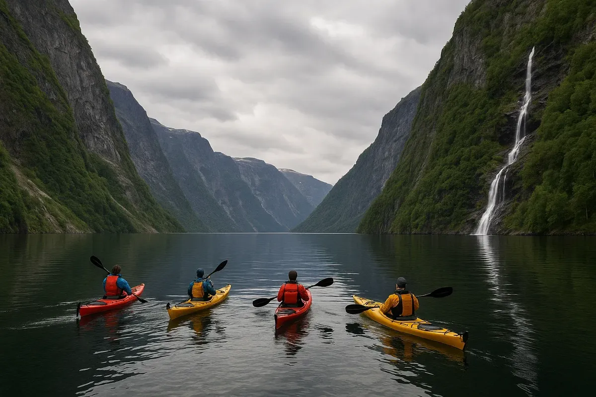 Kayakers exploring the narrow UNESCO-listed Nærøyfjord under steep cliffs