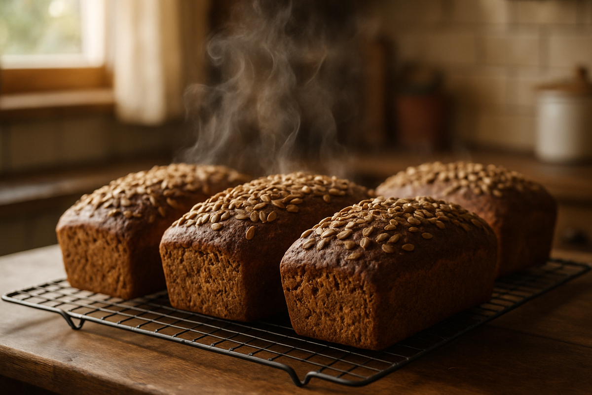 Close-up in warm light: two dense whole-grain loaves just out of oven, visible steam, golden crust textures.