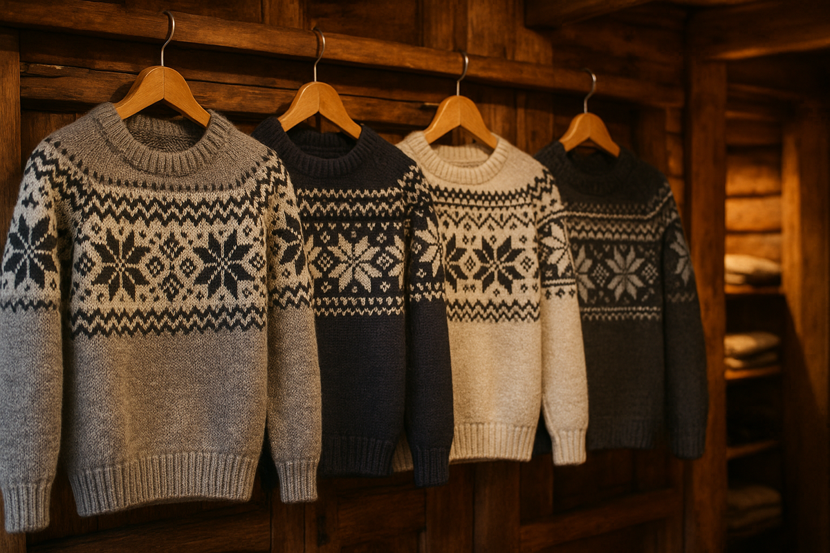Handmade Norwegian wool sweaters with traditional Nordic patterns on display.