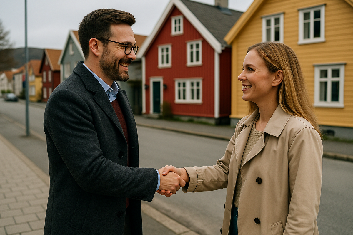 A man and woman shake hands on a Norwegian street, with red and yellow wooden houses in the background.