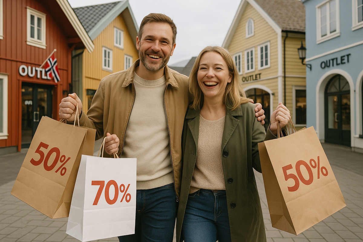 The same couple at a Norwegian outlet mall smiling with shopping bags and discounts.