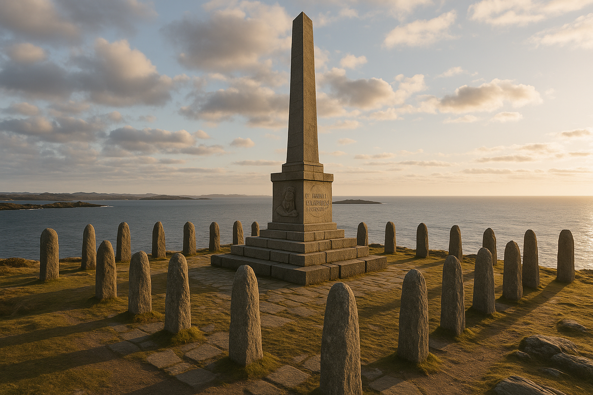 The Haraldshaugen monument in Haugesund stands tall at sunset, surrounded by 29 standing stones and overlooking the Norwegian Sea.