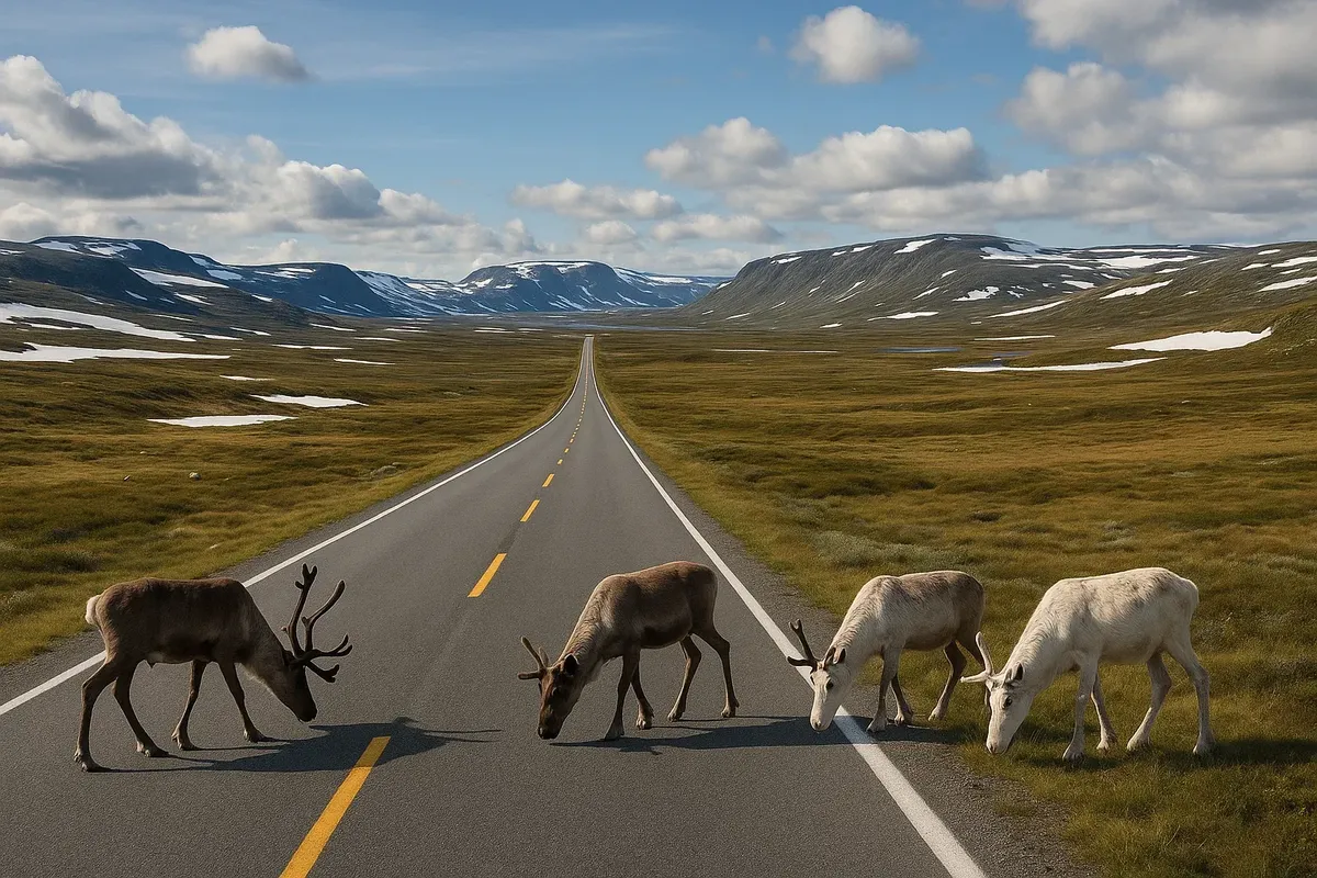 Плато Хардангервидда: дорога через плато, олени и снежные поля.
