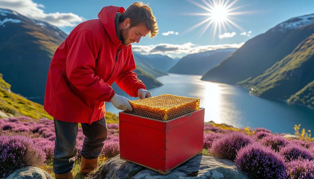 Late-summer Hardanger: organic Norwegian apiary in blooming heather, fjord vista behind, showcasing Lynghonning source.